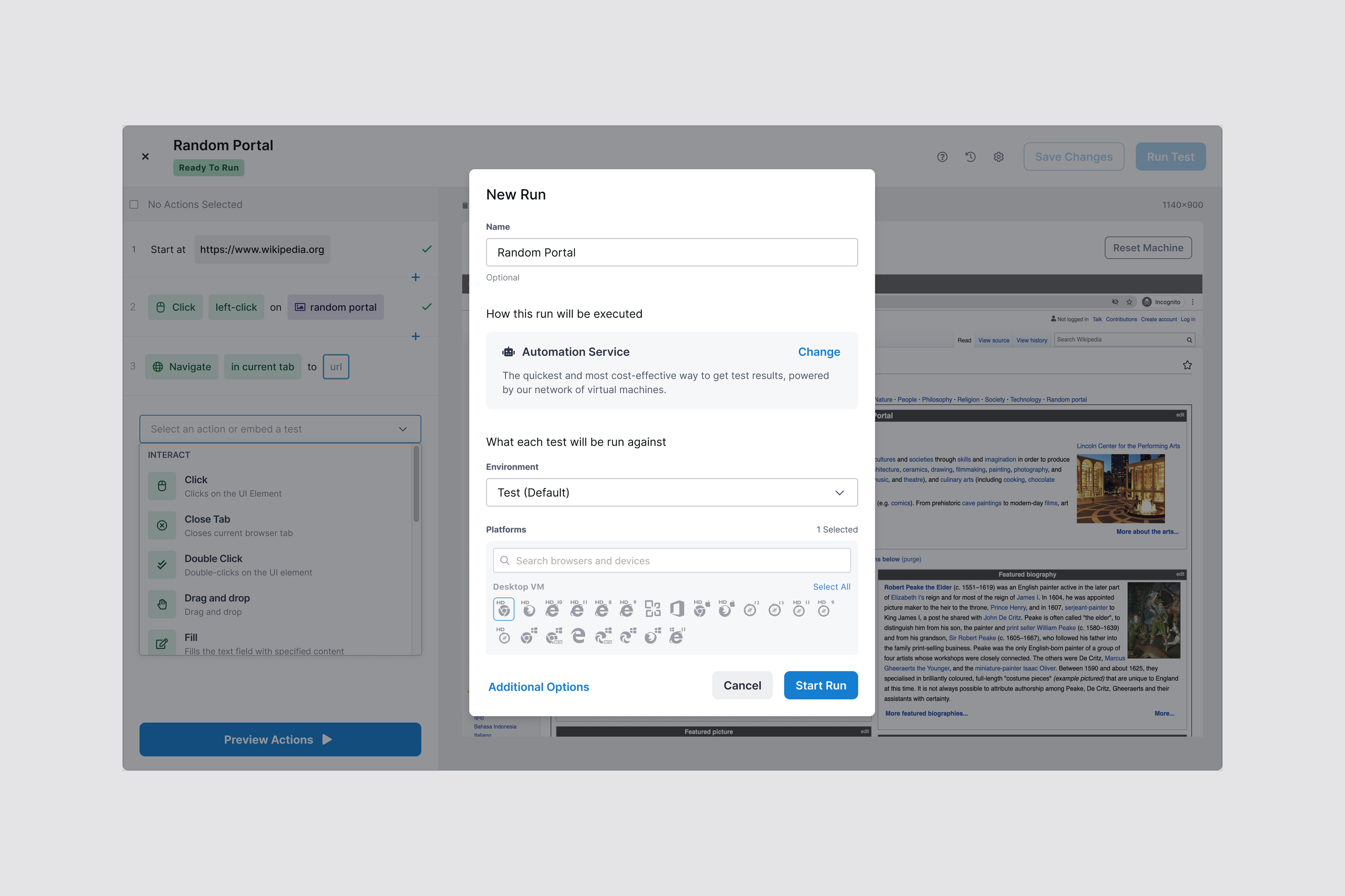 Rainforest QA no-code test authoring interface with reusable steps.