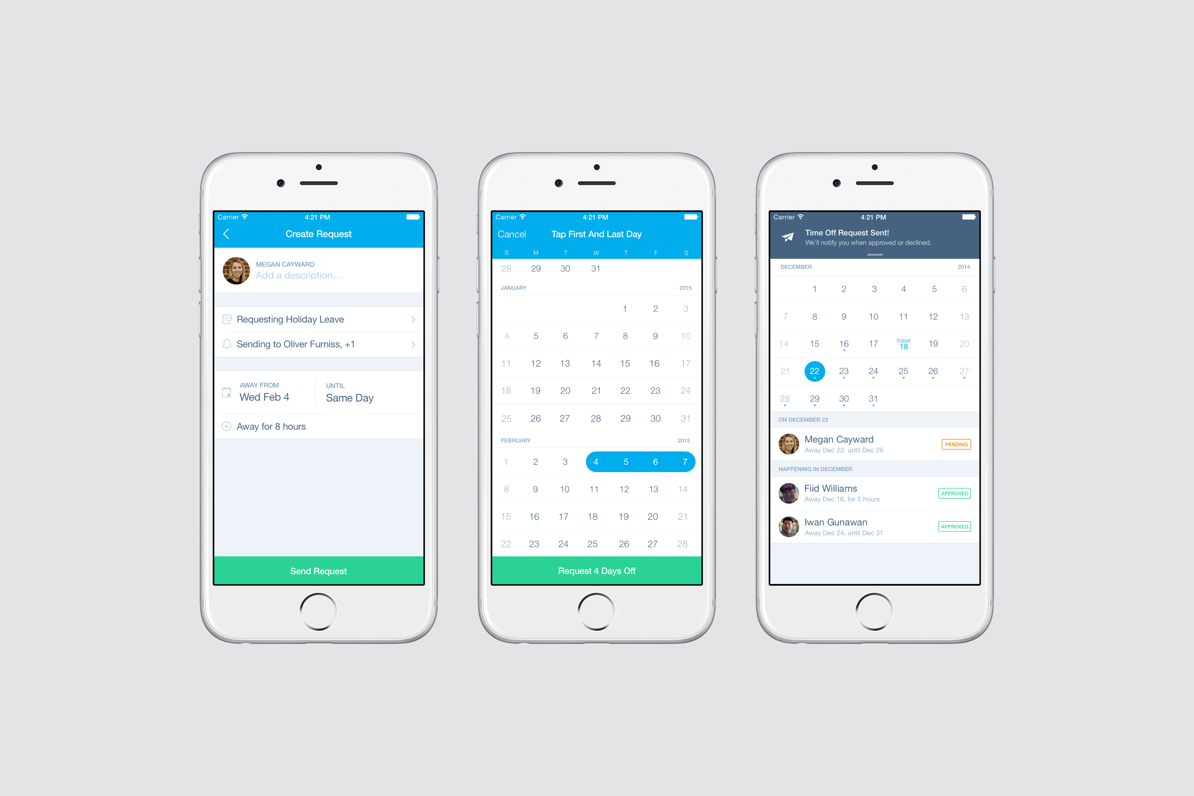 Simplified leave request form with calendar integration and visual feedback.